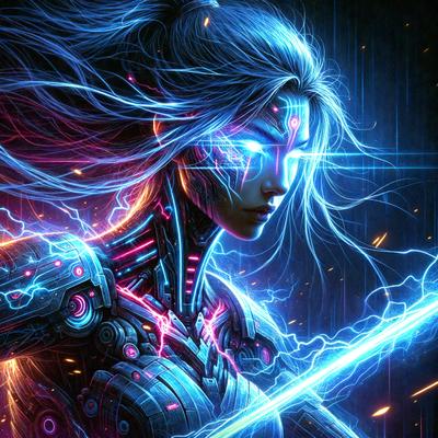 The primary subject of the image is a woman with long hair, wearing a futuristic outfit and holding a sword. She appears to be a cyborg warrior, possibly from a video game or comic book. The setting is a dark, futuristic environment, with a backdrop of neon lights and a blue hue. The visual style is a digital art or illustration, with a focus on the woman's cyborg features and the sword she is holding. The colors and mood of the image are dark